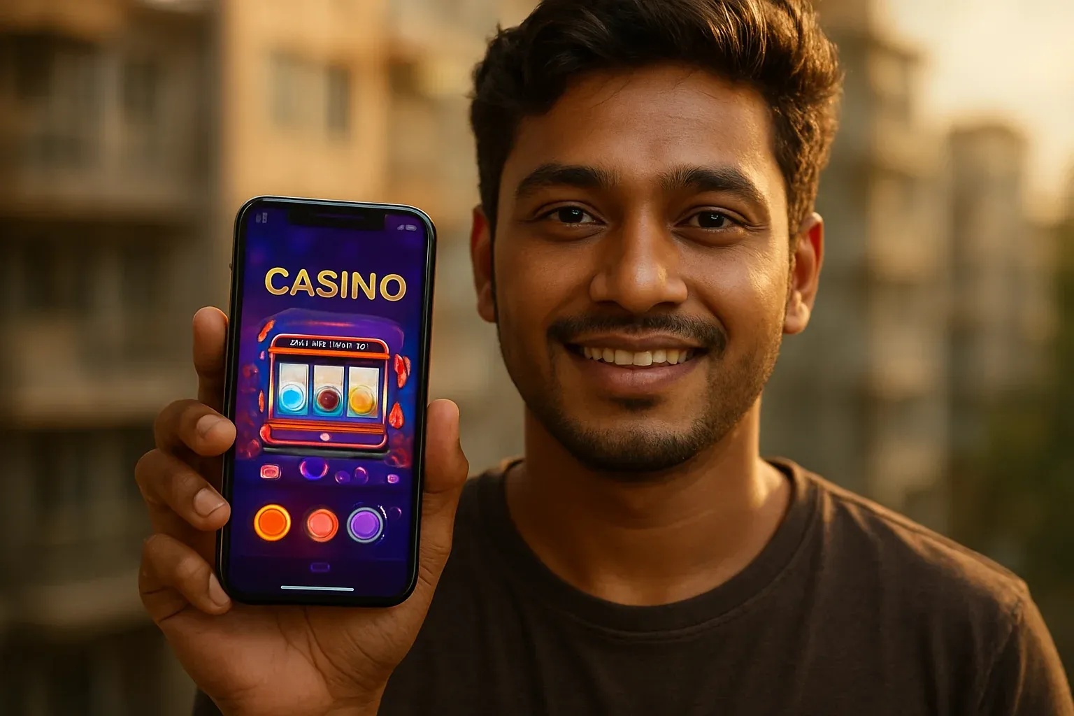 Young Bangladeshi man holding smartphone showing glowing casino app interface
