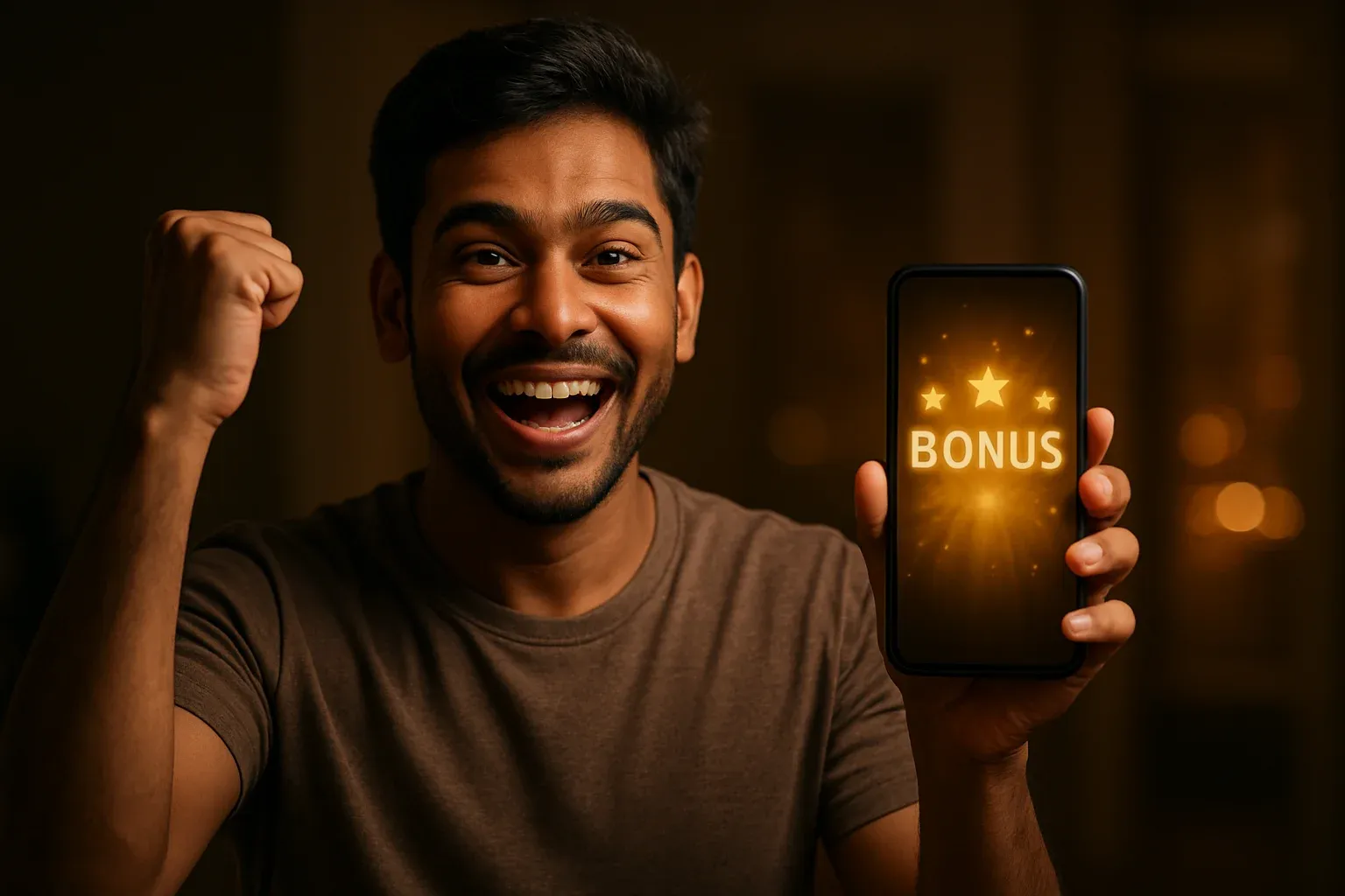 Joyful Bangladeshi man celebrating with smartphone showing glowing golden bonus notification