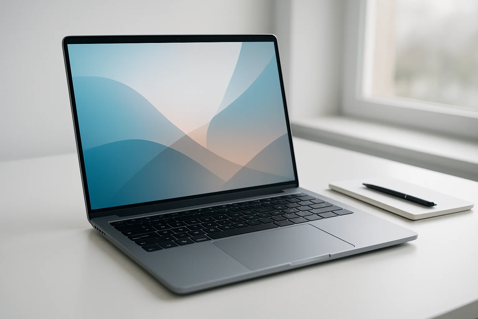 Modern laptop on white desk with glowing abstract screen in daylight