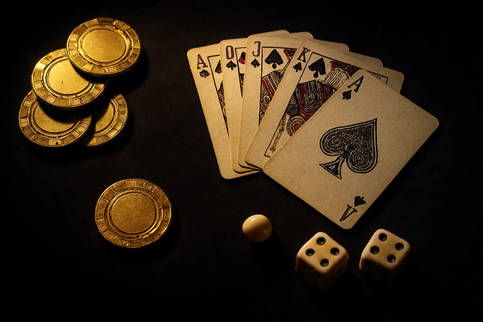 Top-down dark velvet casino scene with gold chips, cards, dice, roulette ball
