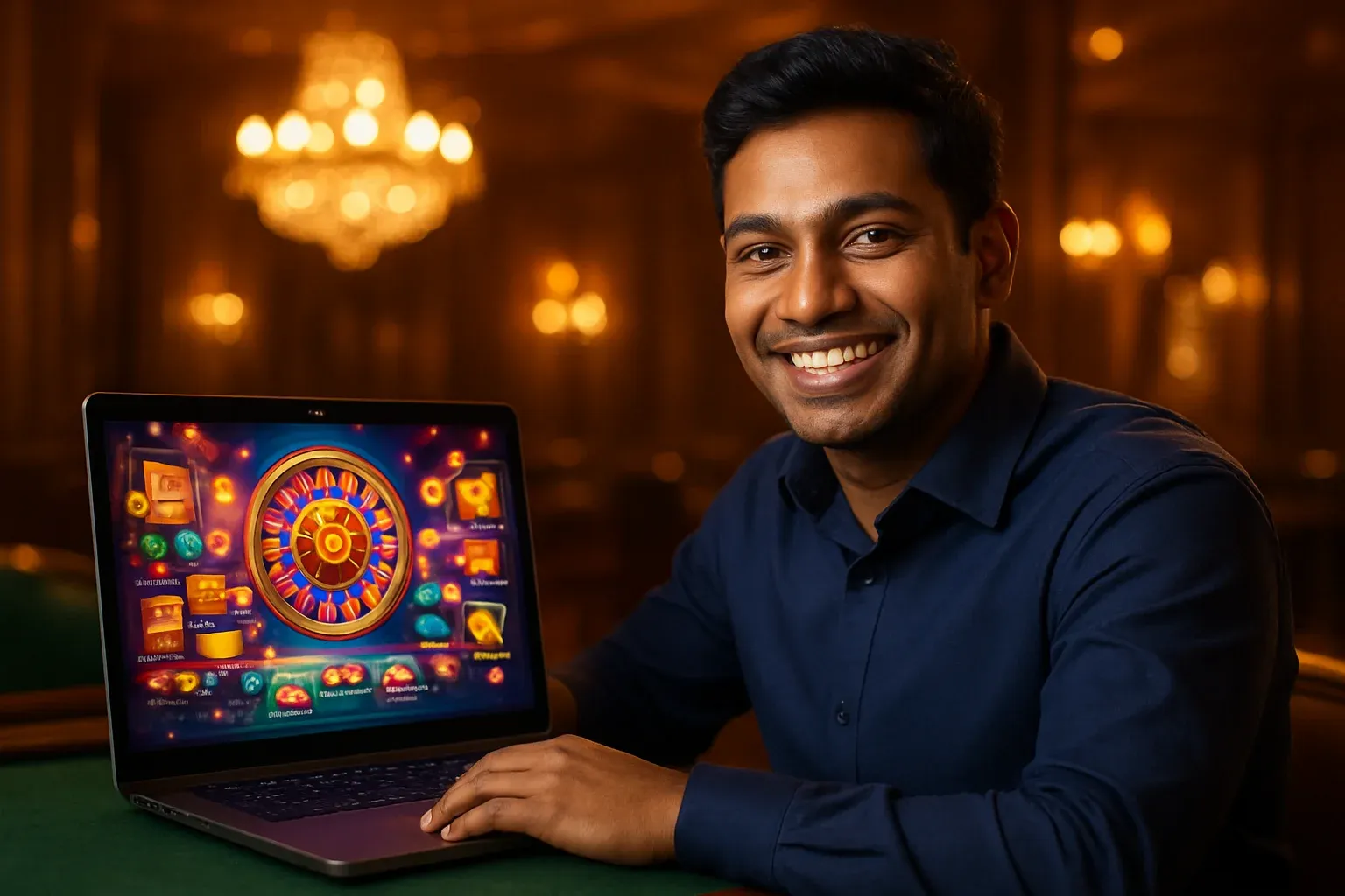 Cheerful Bangladeshi man smiling at open laptop with glowing casino interface