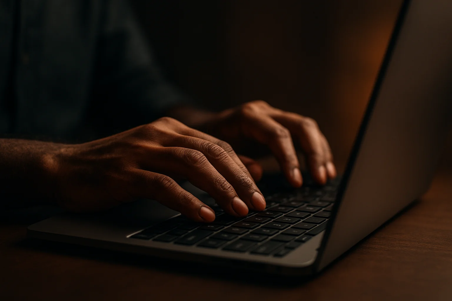 Close-up of Bangladeshi hands typing on laptop in dramatic light