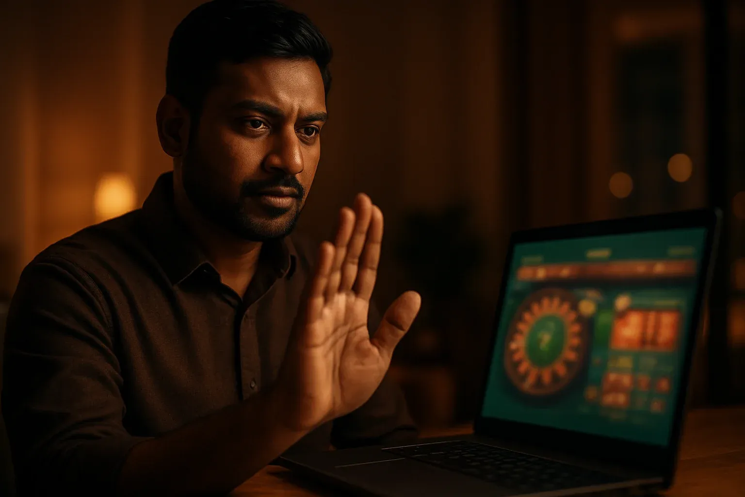 Confident Bangladeshi man shows stop gesture beside blurred online casino laptop