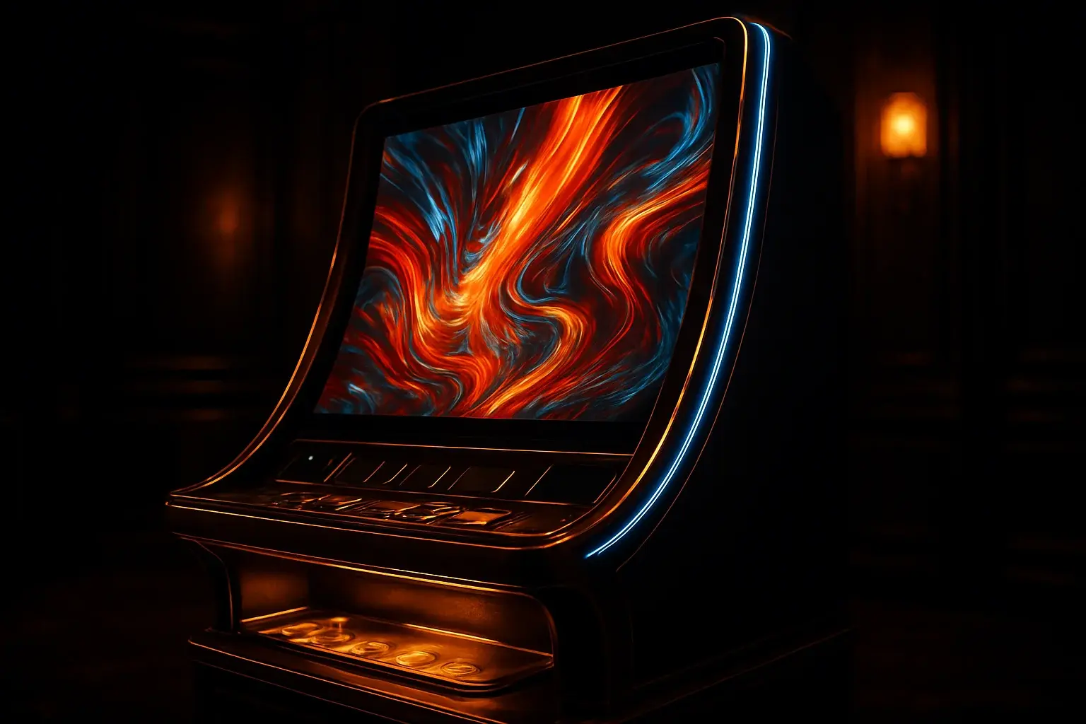 Hyperrealistic premium slot machine in dark luxury setting with neon lighting